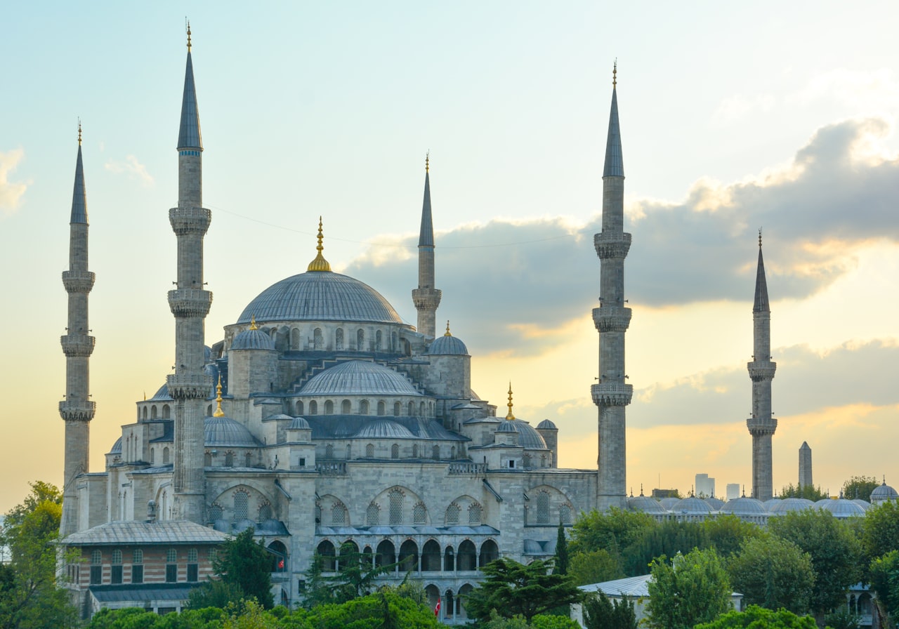 Istanbul skyline at golden hour with Hagia Sophia and the Bosphorus